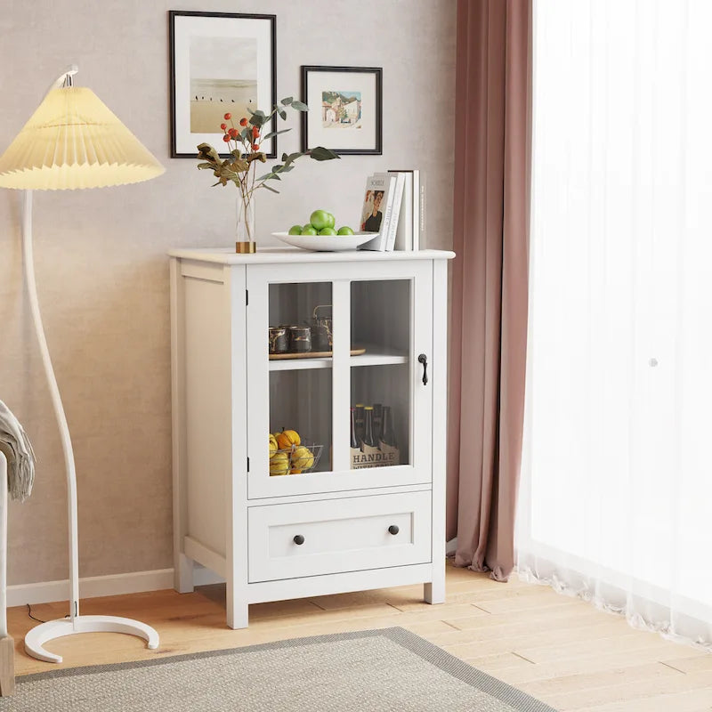 Buffet Storage Cabinet with Glass Doors and Retro Bell Handle