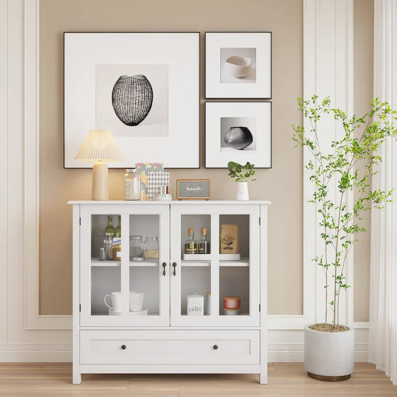 Buffet Storage Cabinet with Glass Doors and Retro Bell Handle