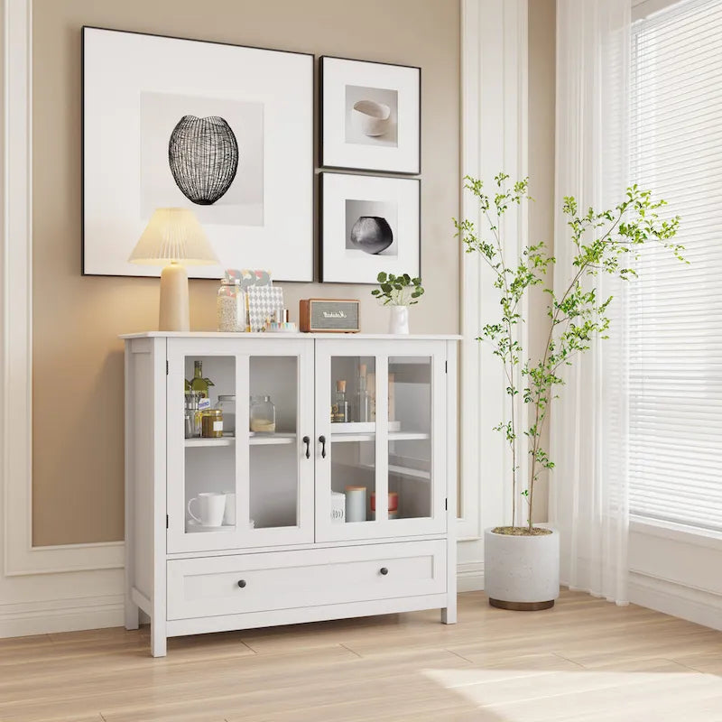 Buffet Storage Cabinet with Glass Doors and Retro Bell Handle