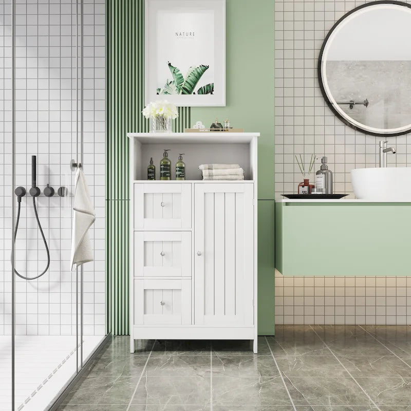 Meuble de rangement de salle de bains sur pied avec 3 tiroirs et placard