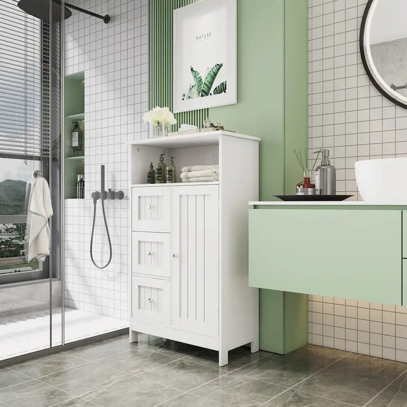 Meuble de rangement de salle de bains sur pied avec 3 tiroirs et placard