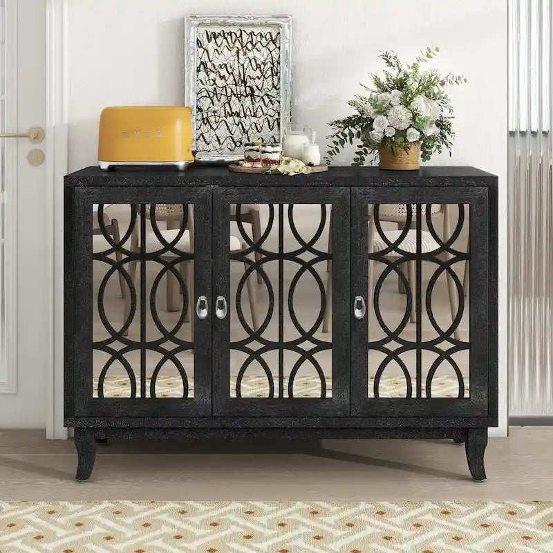 3-Door Mirrored Buffet Cabinet with Silver Handles