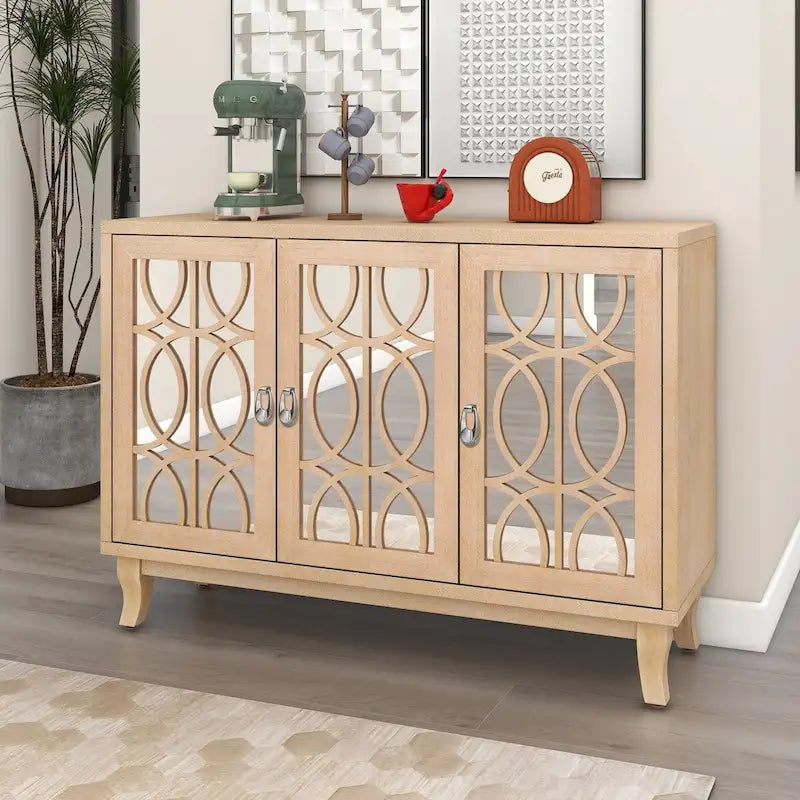3-Door Mirrored Buffet Cabinet with Silver Handles
