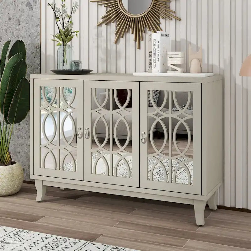 3-Door Mirrored Buffet Cabinet with Silver Handles