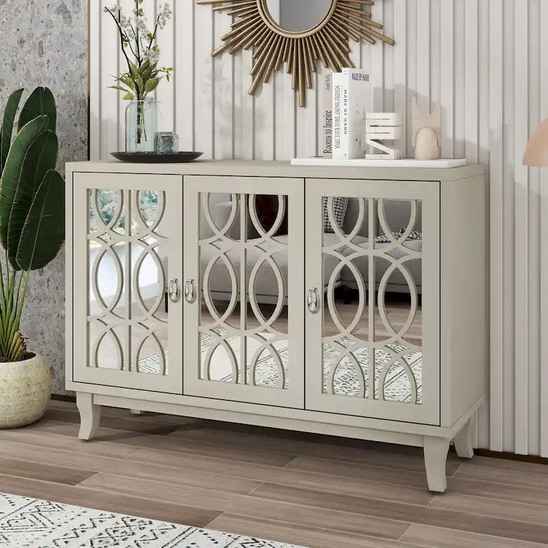 3-Door Mirrored Buffet Cabinet with Silver Handles