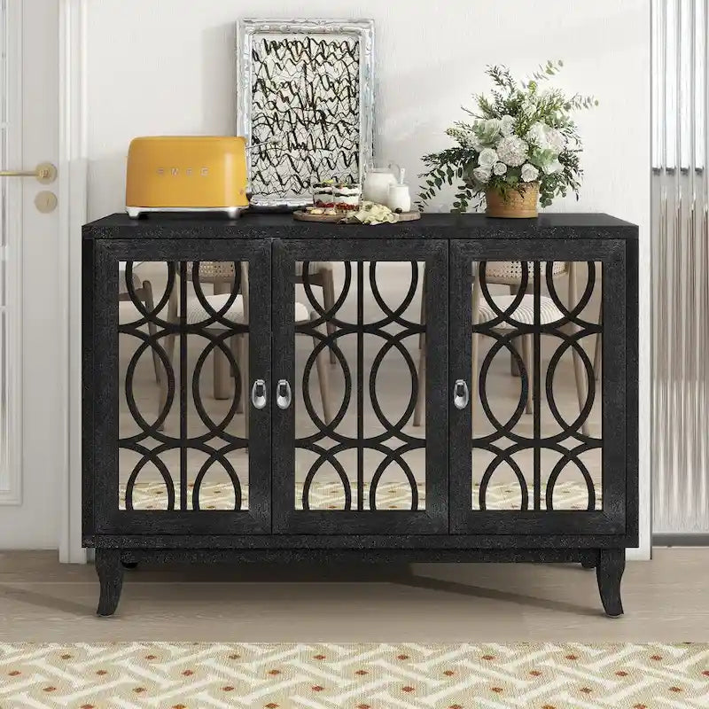 3-Door Mirrored Buffet Cabinet with Silver Handles