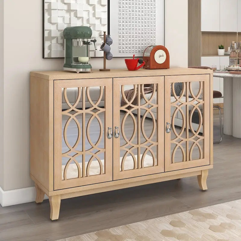 3-Door Mirrored Buffet Cabinet with Silver Handles