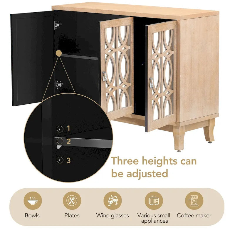 3-Door Mirrored Buffet Cabinet with Silver Handles