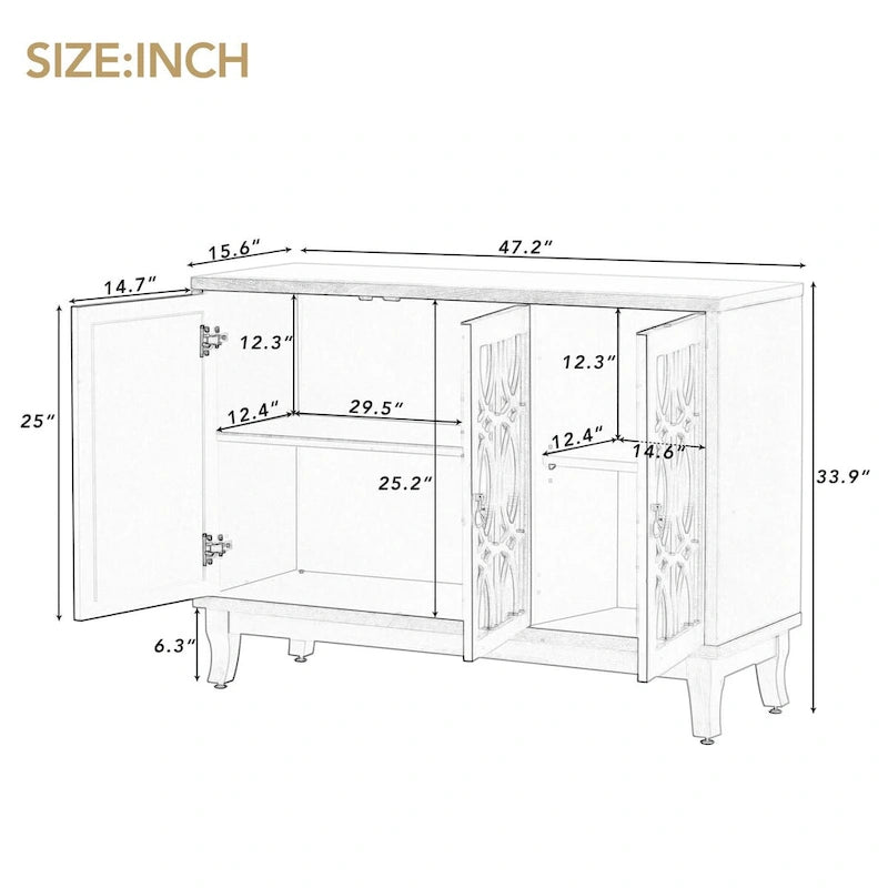 3-Door Mirrored Buffet Cabinet with Silver Handles