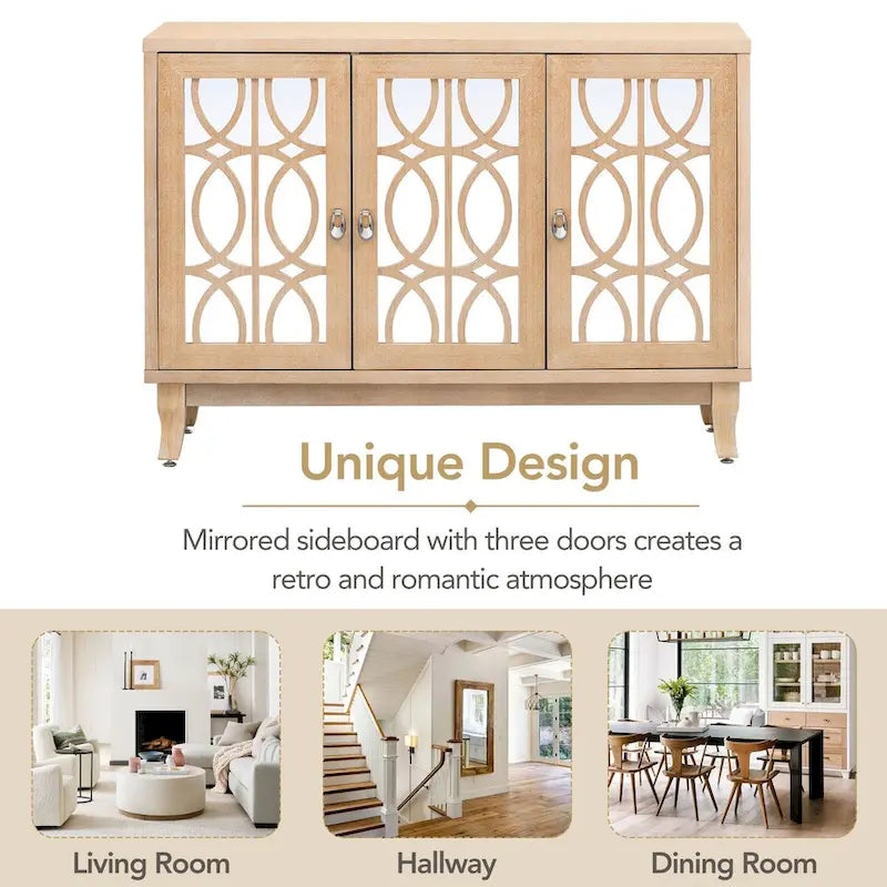 3-Door Mirrored Buffet Cabinet with Silver Handles
