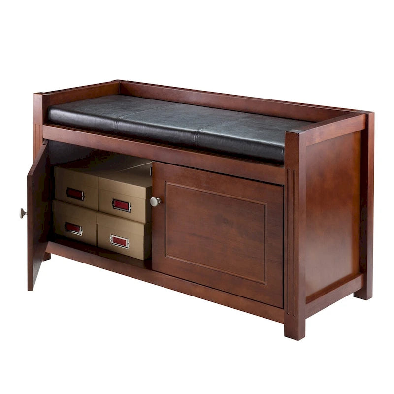 2-Piece Storage Bench with Faux Leather Seat Cushion, Walnut and Espresso