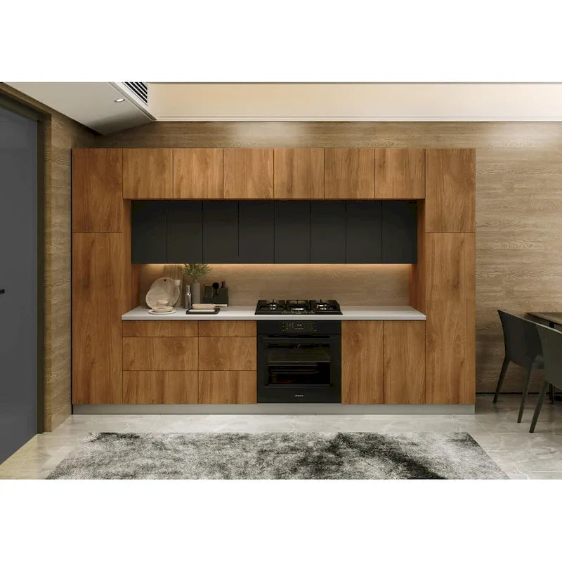 Set di mobili da cucina in teak naturale e nero, largo 12ft - 143x24