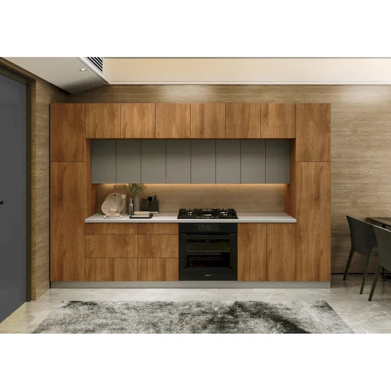 Set di mobili da cucina in teak naturale e nero, largo 12ft - 143x24