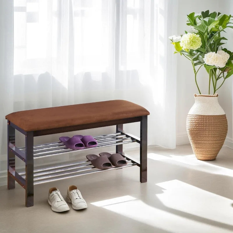 Espresso Wood Shoe Bench with Microfiber Seat