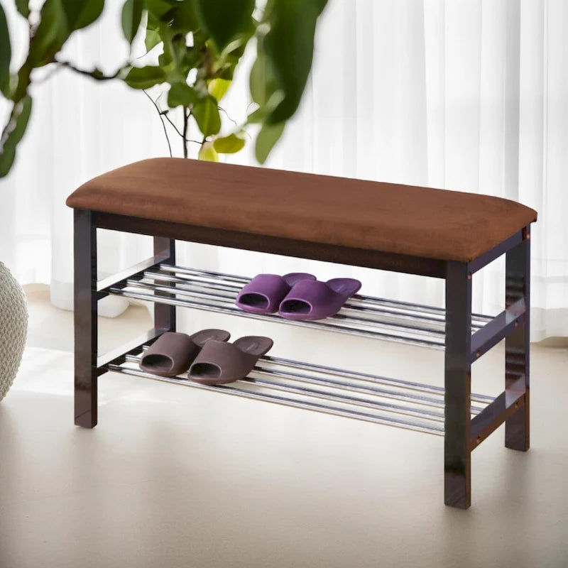 Espresso Wood Shoe Bench with Microfiber Seat