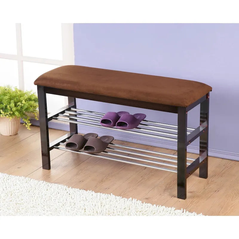 Espresso Wood Shoe Bench with Microfiber Seat
