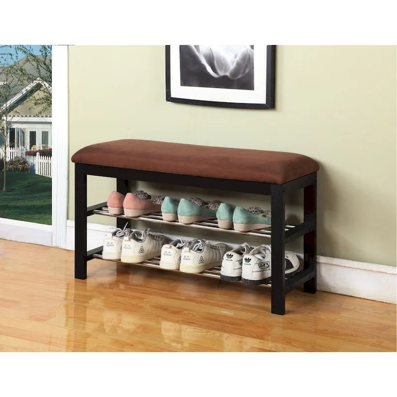 Espresso Wood Shoe Bench with Microfiber Seat