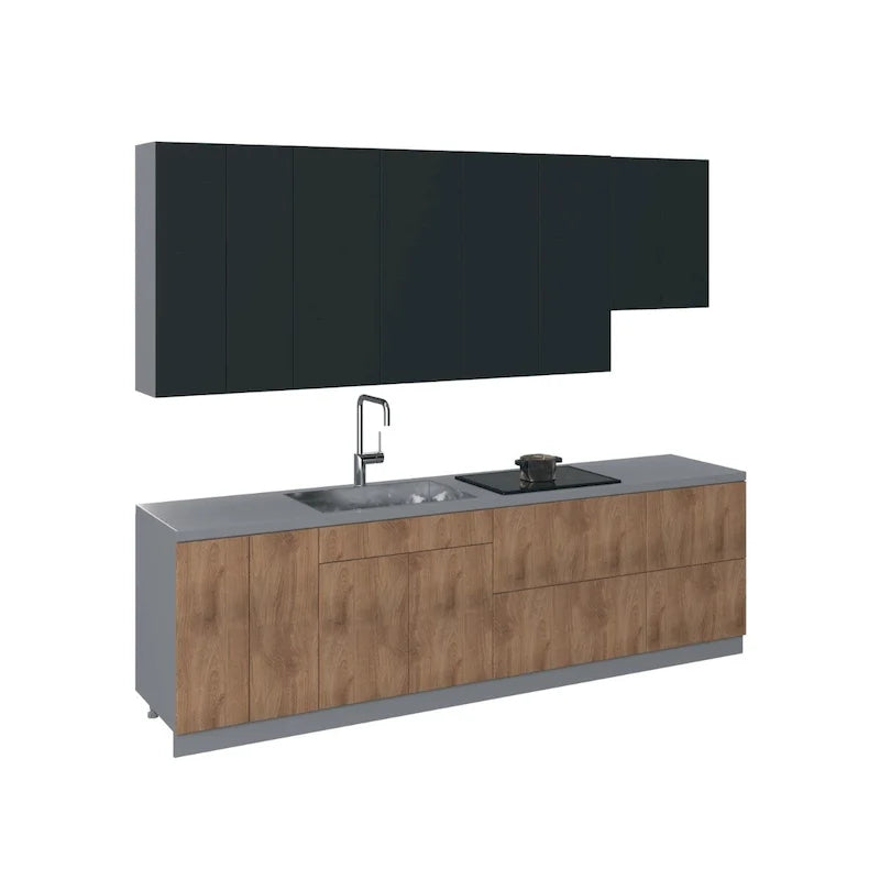 Ensemble de meubles de cuisine contemporains - finition teck naturel, largeur de 9.5 pieds