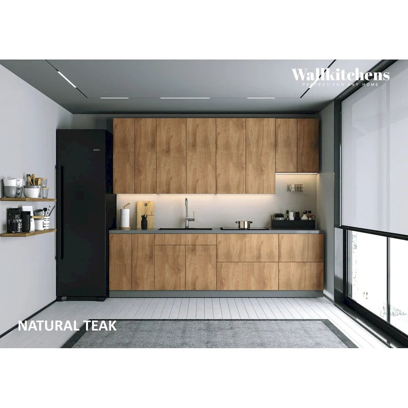 Ensemble de meubles de cuisine contemporains - finition teck naturel, largeur de 9.5 pieds