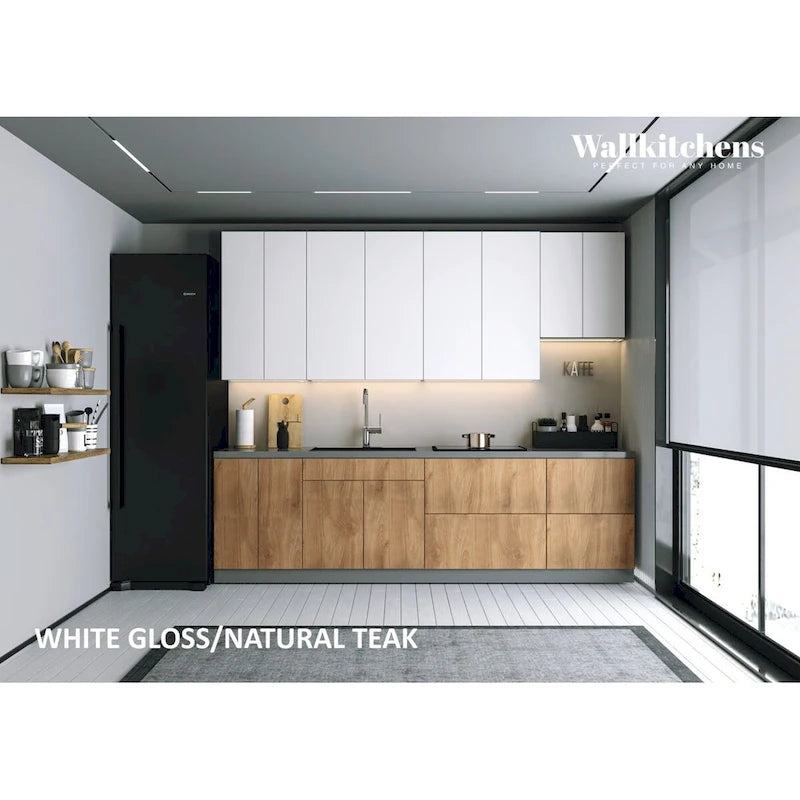 Ensemble de meubles de cuisine contemporains - finition teck naturel, largeur de 9.5 pieds