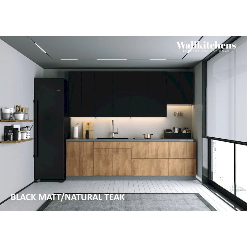 Ensemble de meubles de cuisine contemporains - finition teck naturel, largeur de 9.5 pieds