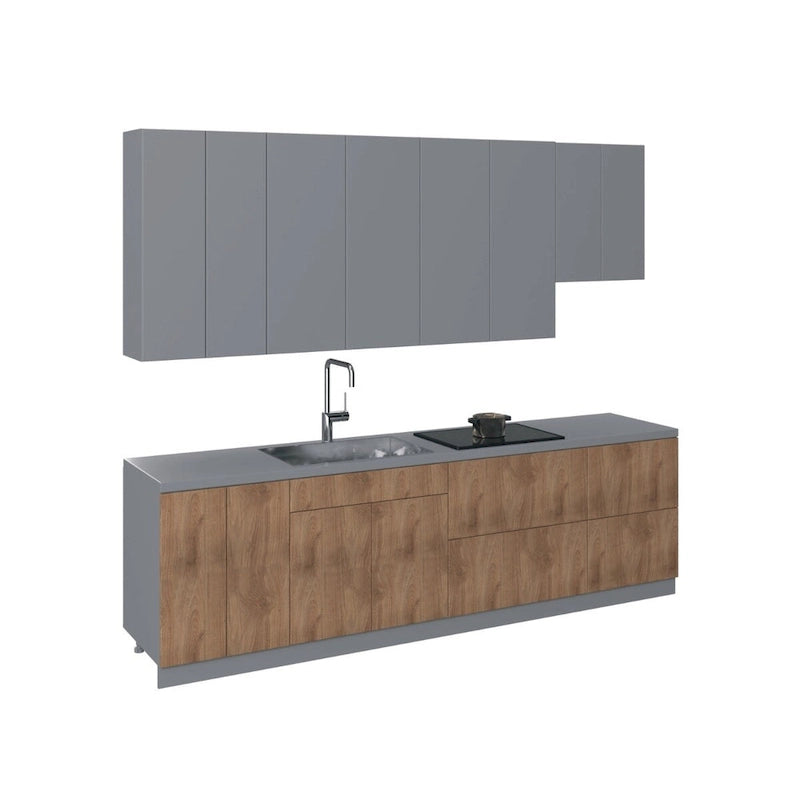 Ensemble de meubles de cuisine contemporains - finition teck naturel, largeur de 9.5 pieds