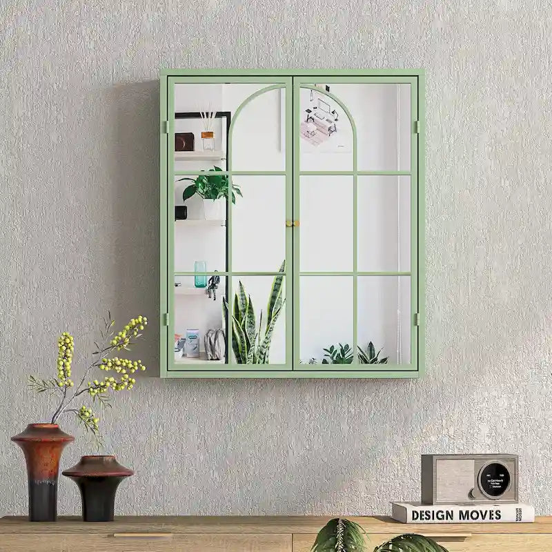 Two-Door Wall Cabinet with Mirror – 23.62" W, Three-Tier Storage, Green