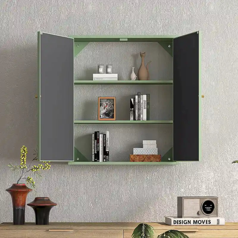Two-Door Wall Cabinet with Mirror – 23.62" W, Three-Tier Storage, Green