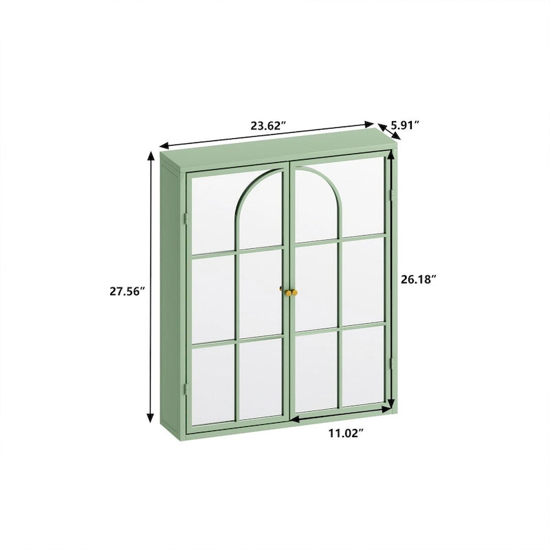 Two-Door Wall Cabinet with Mirror – 23.62" W, Three-Tier Storage, Green