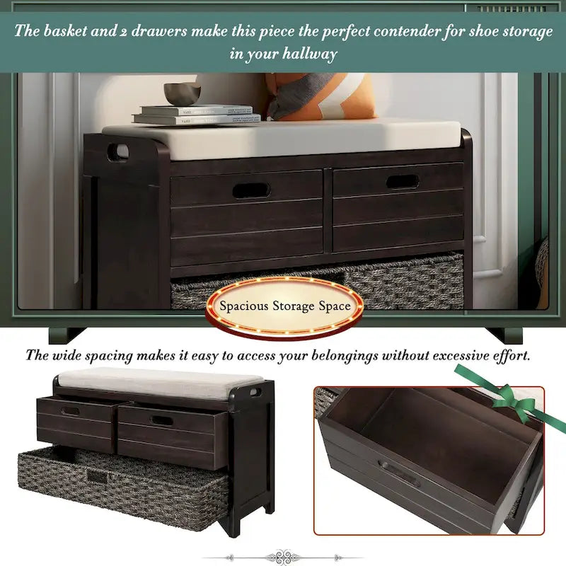 Storage Bench with 2 Drawers and Removable Basket