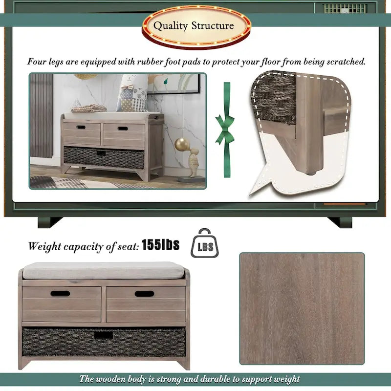Storage Bench with 2 Drawers and Removable Basket