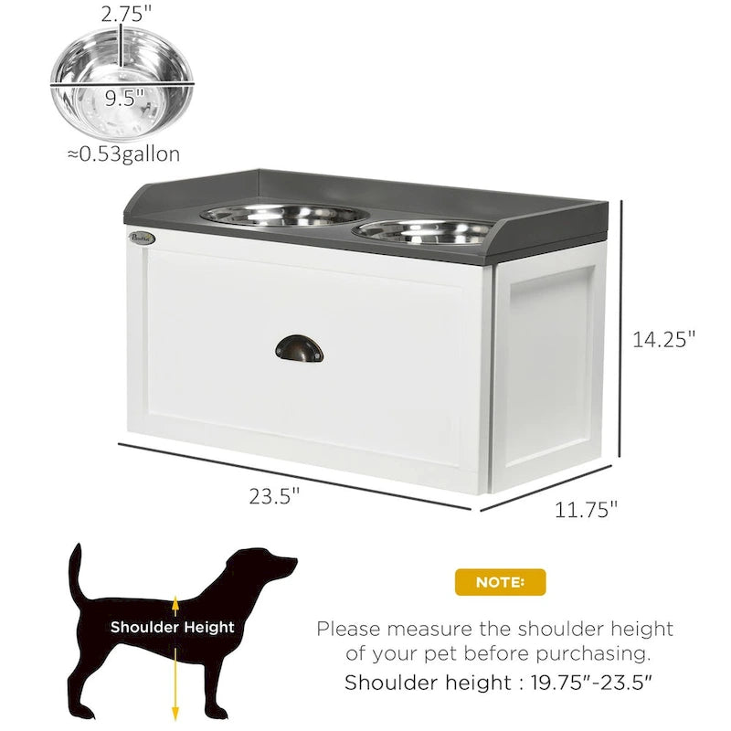 Station d'alimentation pour chien avec tiroir de rangement et 2 bols surélevés en acier inoxydable pour grands chiens