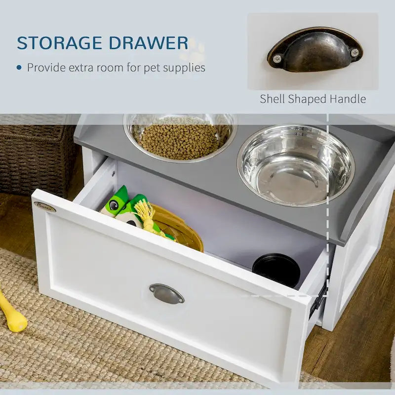 Station d'alimentation pour chien avec tiroir de rangement et 2 bols surélevés en acier inoxydable pour grands chiens