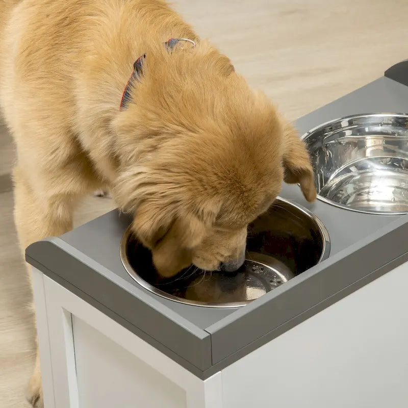 Station d'alimentation pour chien avec tiroir de rangement et 2 bols surélevés en acier inoxydable pour grands chiens