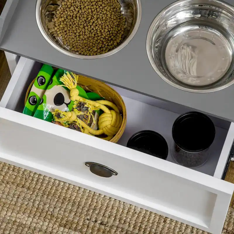 Station d'alimentation pour chien avec tiroir de rangement et 2 bols surélevés en acier inoxydable pour grands chiens