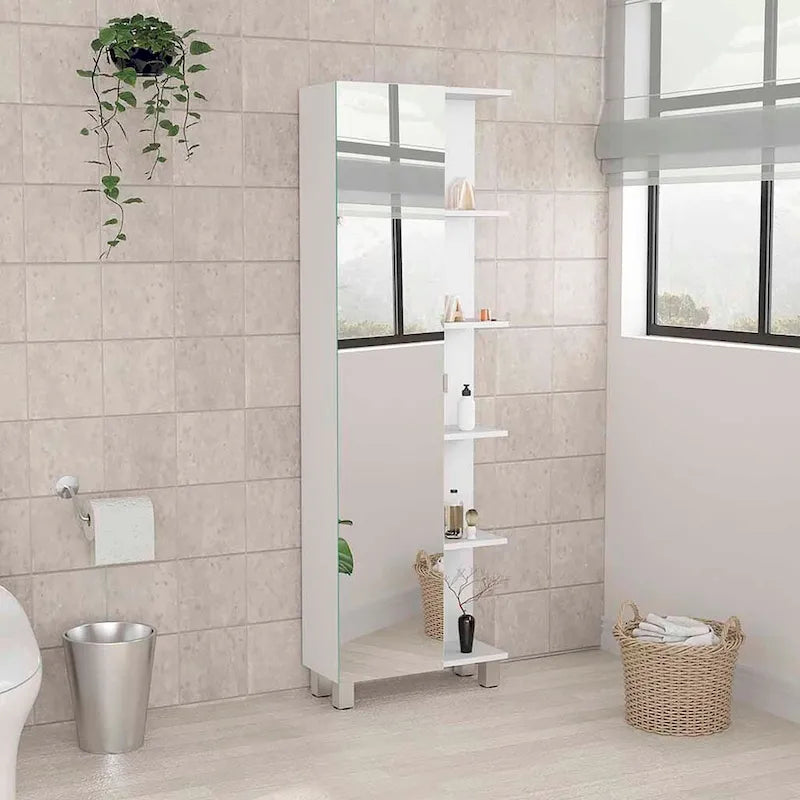 Mirror Cabinet, Four Interior Shelves, Five External Shelves -White
