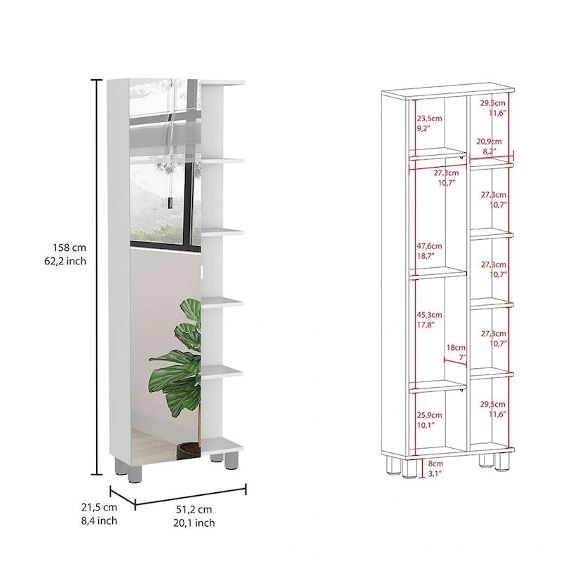 Mirror Cabinet with Interior and Exterior Shelves - White