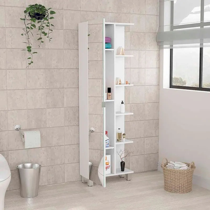 Mirror Cabinet with Interior and Exterior Shelves - White