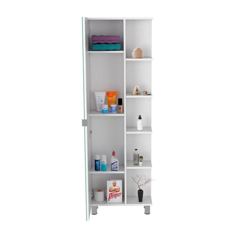 Mirror Cabinet with Interior and Exterior Shelves - White