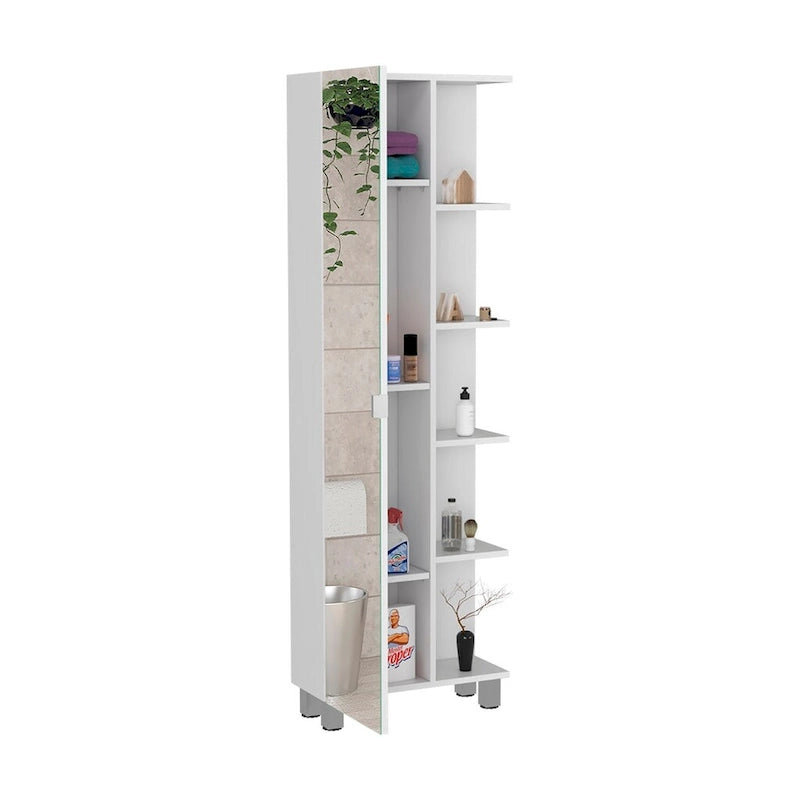 Mirror Cabinet with Interior and Exterior Shelves - White