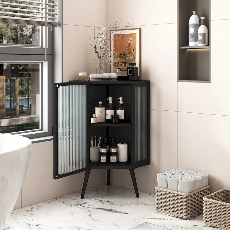 Meuble d'angle avec porte en verre trempé et étagères de rangement pour salle de bains, salon et chambre