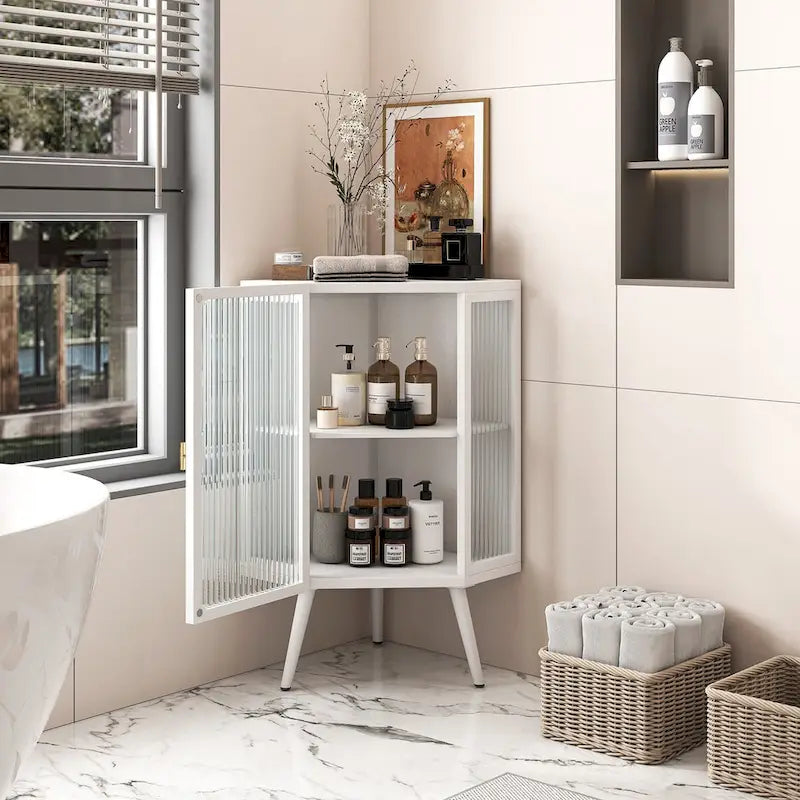 Meuble d'angle avec porte en verre trempé et étagères de rangement pour salle de bains, salon et chambre