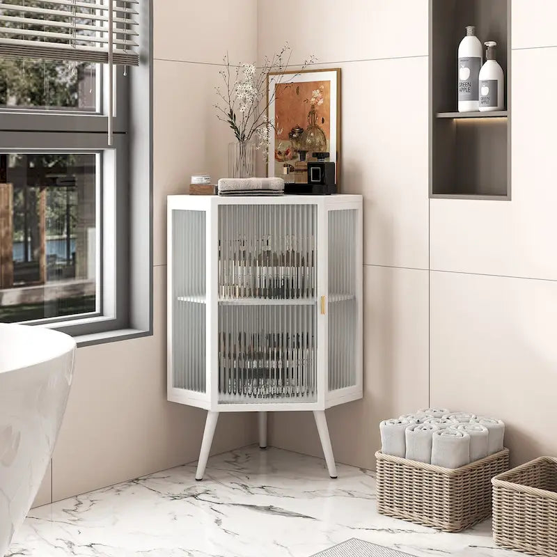 Meuble d'angle avec porte en verre trempé et étagères de rangement pour salle de bains, salon et chambre