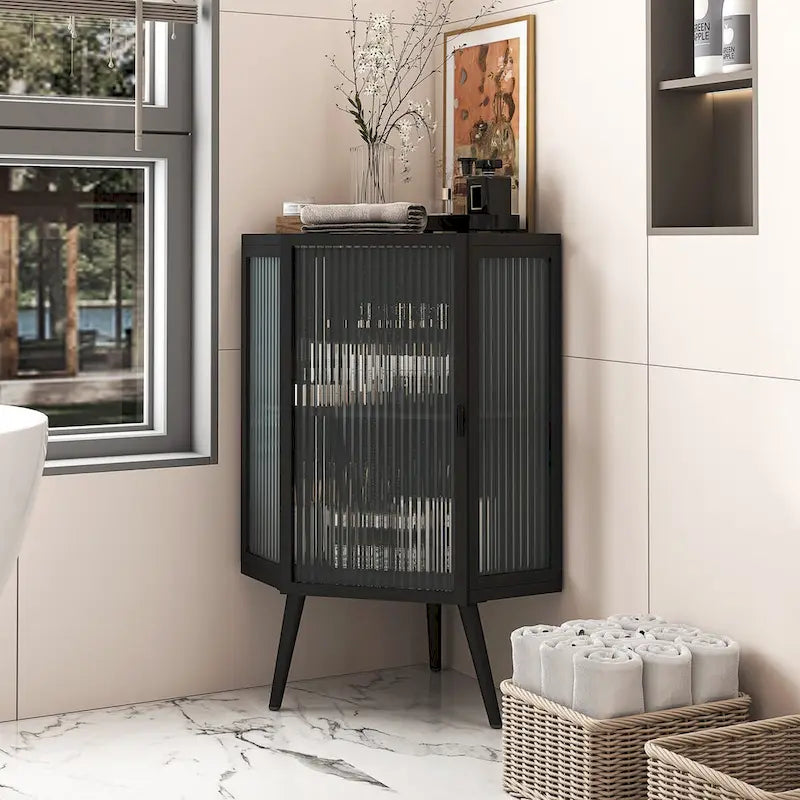 Meuble d'angle avec porte en verre trempé et étagères de rangement pour salle de bains, salon et chambre