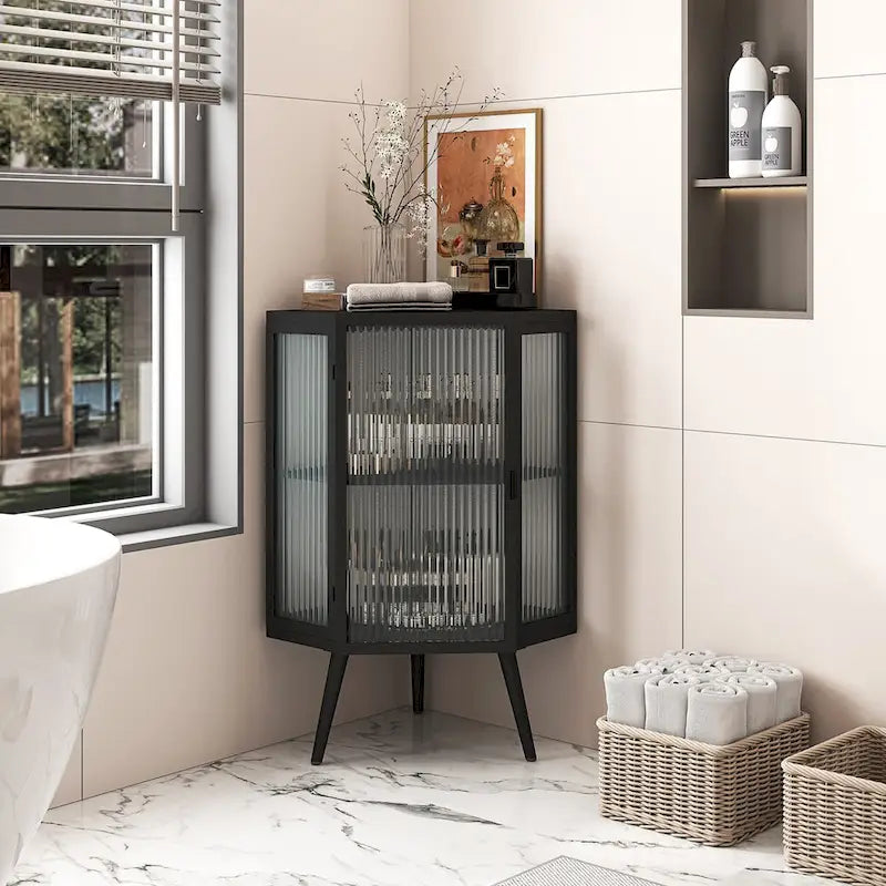 Meuble d'angle avec porte en verre trempé et étagères de rangement pour salle de bains, salon et chambre