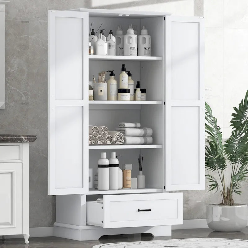 Tall Bathroom Storage Cabinet with Two Doors and One Drawer – Adjustable Shelves, White