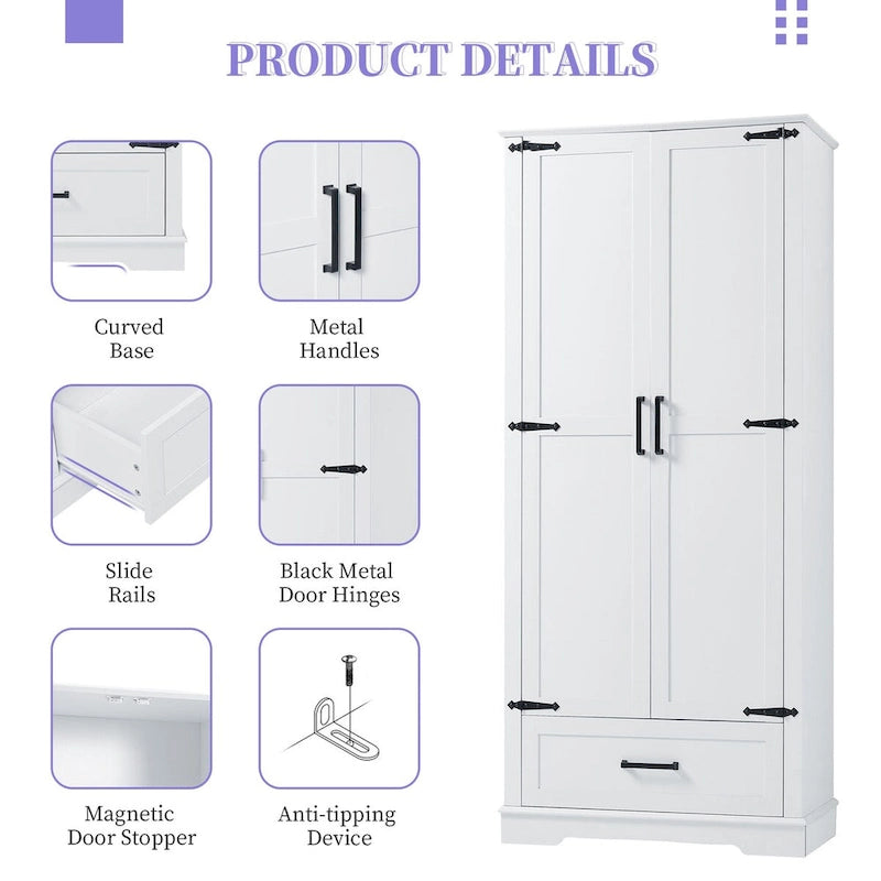 Tall Bathroom Storage Cabinet with Two Doors and One Drawer – Adjustable Shelves, White