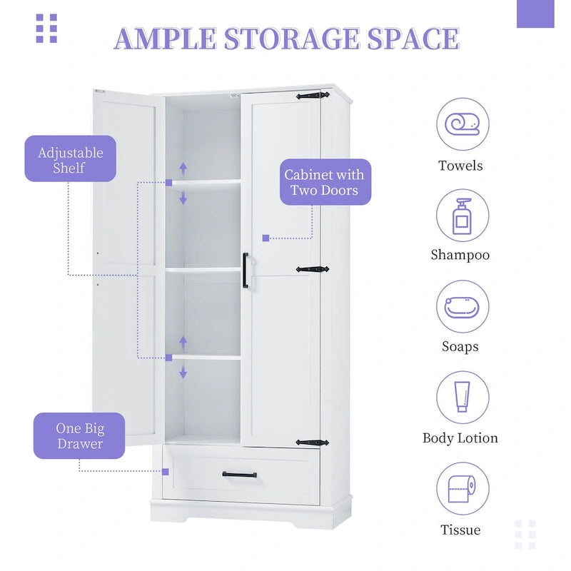 Tall Bathroom Storage Cabinet with Two Doors and One Drawer – Adjustable Shelves, White
