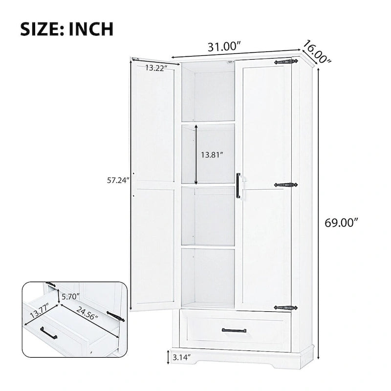 Tall Bathroom Storage Cabinet with Two Doors and One Drawer – Adjustable Shelves, White