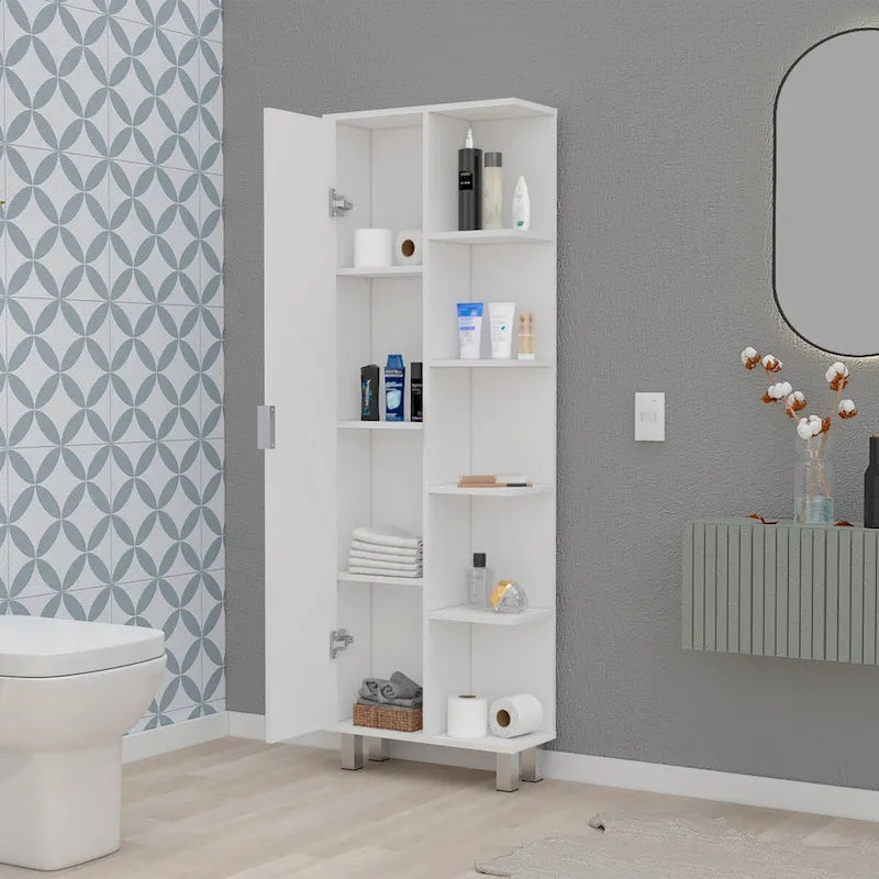 White 1-Door Linen Cabinet with 9 Shelves